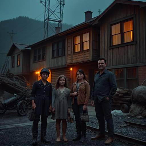 Affiche de la série 'L'Héritage des Corons', représentant une famille de mineurs devant un coron.