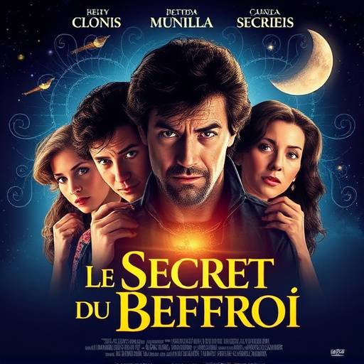 Affiche de la série 'Le Secret du Beffroi', mettant en scène les acteurs principaux devant le beffroi.