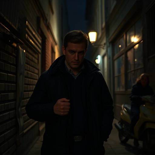 Affiche de la série 'Roubaix Connection', montrant un journaliste d'investigation dans une ruelle sombre de Roubaix.